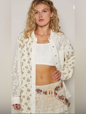 POL Romantic Floral Blouse Mixed Media Button Down Whimsical Spring Layering